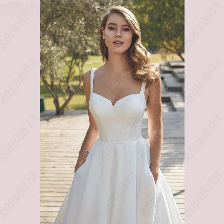 Civil V-Neck Wedding Dresses Square Collar Satin Bridal Gowns A-line Backless Buttons Bride Party Spaghetti Straps by payinti