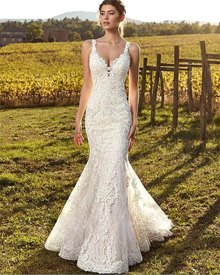 Customized Sexy V-Neck Mermaid Wedding Dress 2026 Lace Boho Sleeveless Bride Gown Buttons Pleats Illusion Back Vestido De Novia by ZAPDRESS