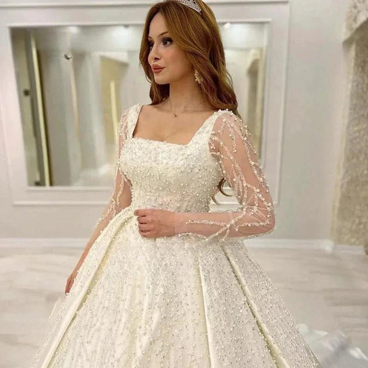 Luxury Wedding Dress Embroidered Lace Beading With Princess Ball Gown Square Collar Fullsleeve Bride Button Vestido De Novia by payinti