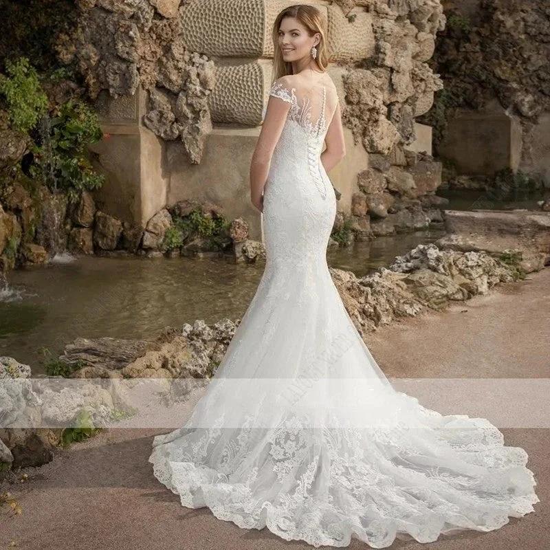 Mermaid Wedding Dress Women Charming Lace Appliques Bridal Gown Robe De Mariée Illusion Short Sleeves Gorgeous Boho by payinti
