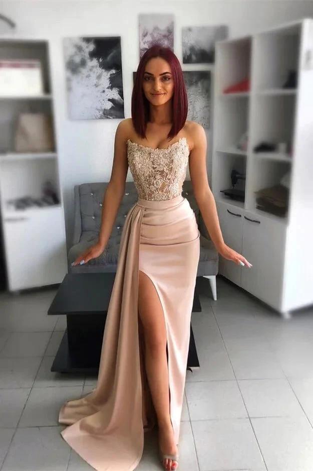 Long Mermaid Sweetheart Applique Lace Prom Dress with Slit by BIZTUNNEL