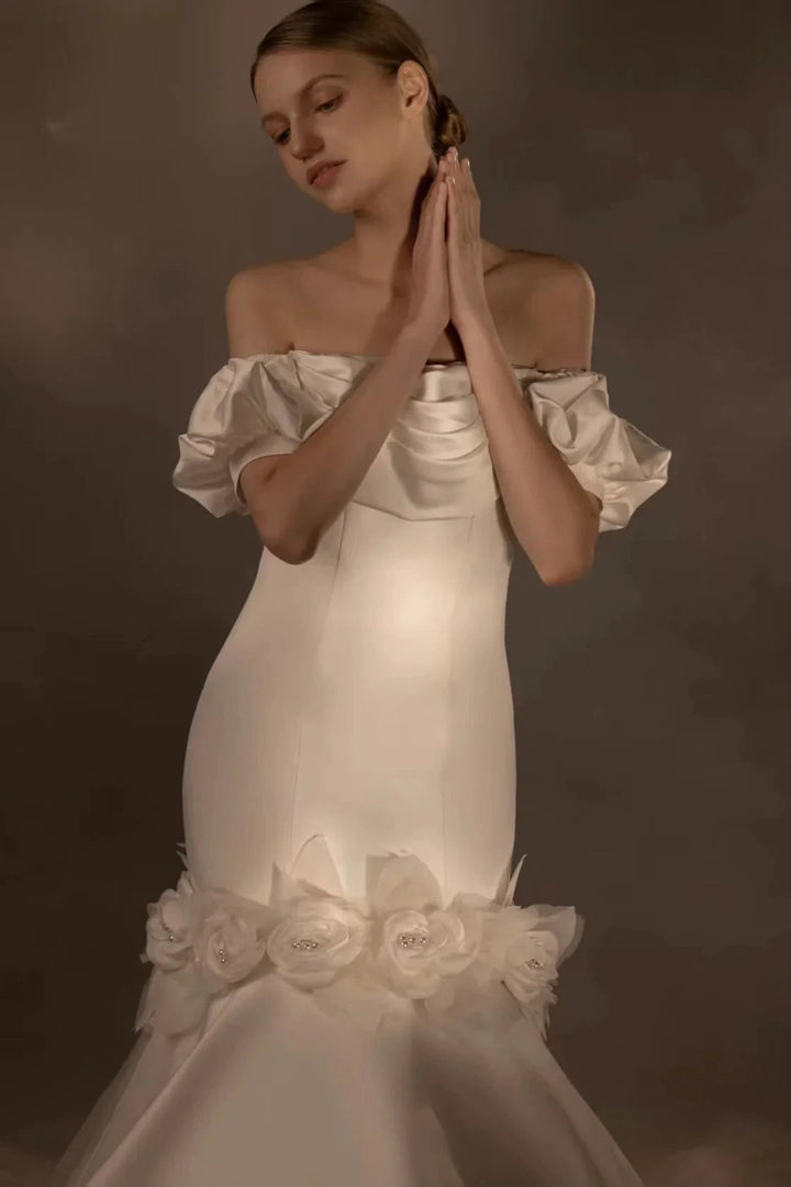 Gorgeous Long Mermaid Off-the-Shoulder Puff Sleeve Satin Wedding Dress with 3D Flower &amp; Lace-Up Back &amp; Tulle Train Q6012 by ZAPDRESS