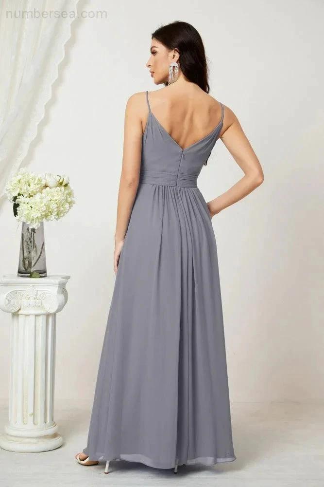 Numbersea Chiffon V-Neck Bridesmaid Dress Spaghetti Strap Long Formal Party Prom Gowns with Slit 28010 by numbersea
