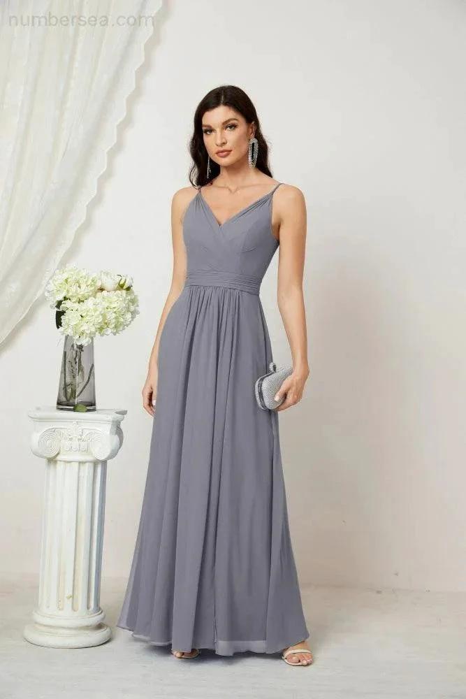 Numbersea Chiffon V-Neck Bridesmaid Dress Spaghetti Strap Long Formal Party Prom Gowns with Slit 28010 by numbersea