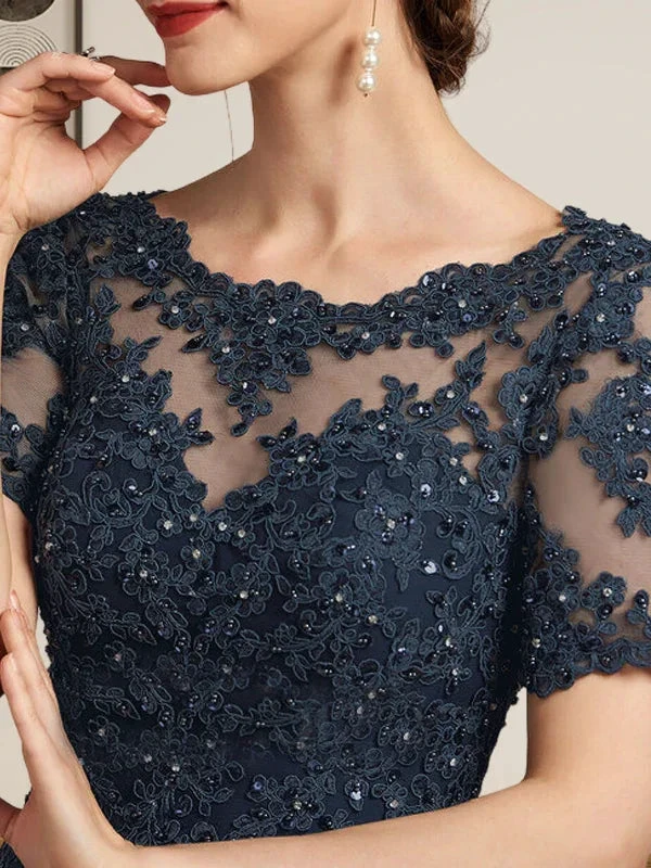 A-line Scoop Illusion Floor-Length Chiffon Lace Mother of the Bride Dress With Sequins Beading by Dreamylily