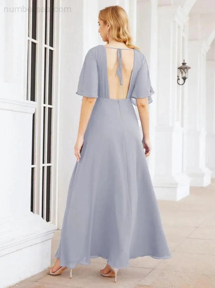 Numbersea V-Neck Bridesmaid Dress Chiffon Long Open Back Formal Dresses for Women Party Evening 28067 by numbersea