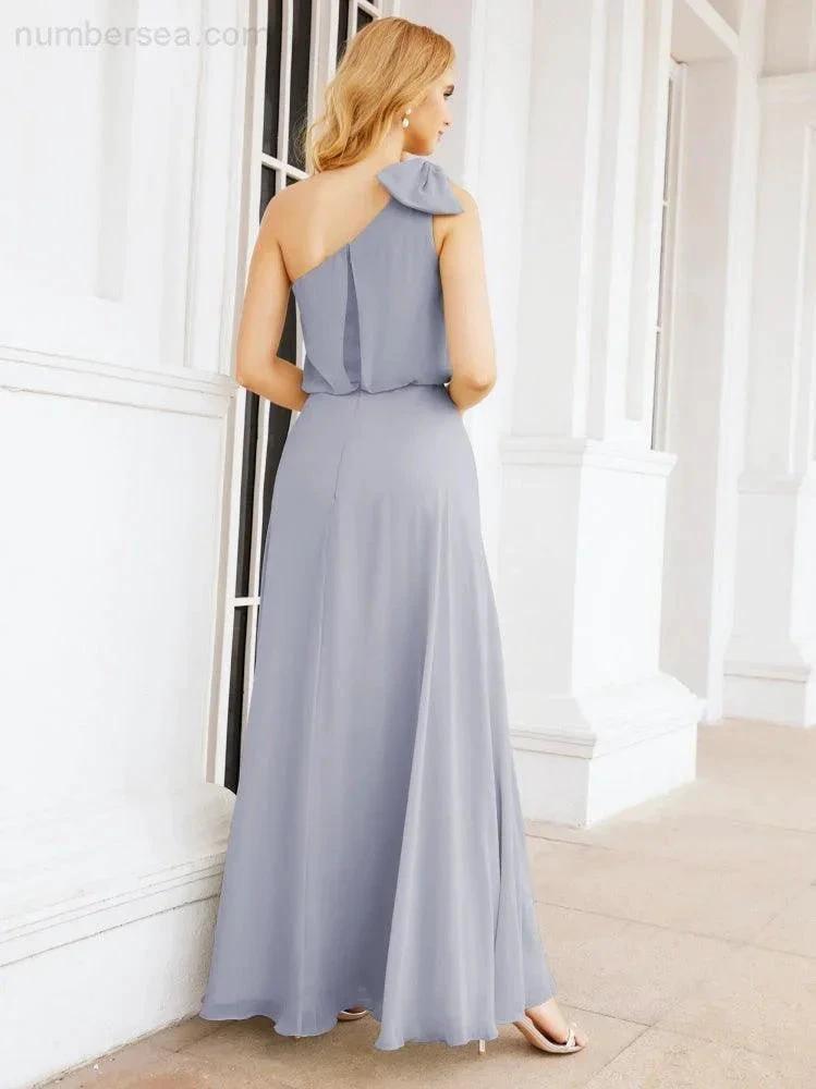 Numbersea Chiffon Ruffled One Shoulder Sleeveless Long Bride Dresses A-line Formal Evening Gown Side Split 28057 by numbersea