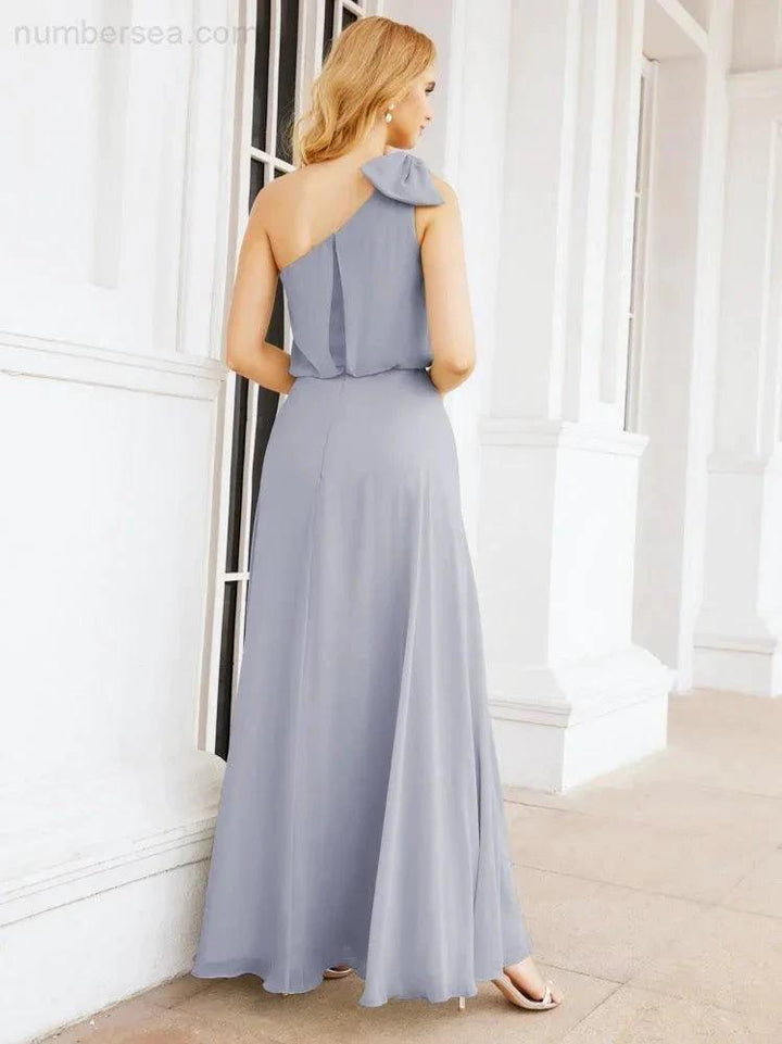 Numbersea Chiffon Ruffled One Shoulder Sleeveless Long Bride Dresses A-line Formal Evening Gown Side Split 28057 by numbersea