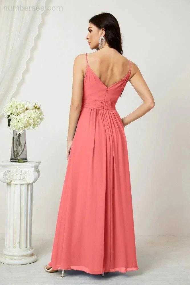 Numbersea Chiffon V-Neck Bridesmaid Dress Spaghetti Strap Long Formal Party Prom Gowns with Slit 28010 by numbersea
