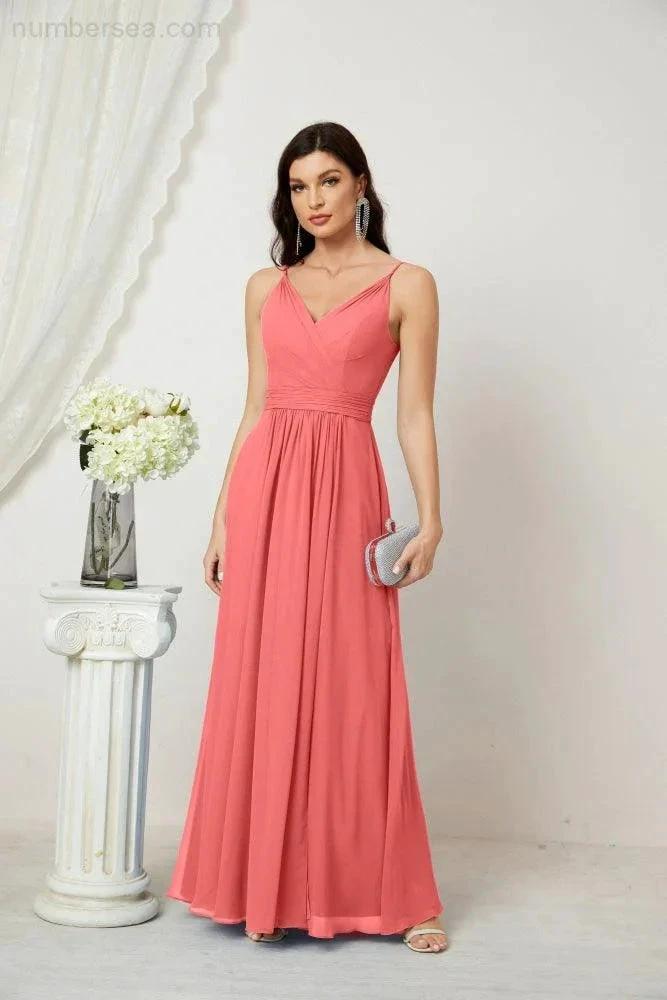 Numbersea Chiffon V-Neck Bridesmaid Dress Spaghetti Strap Long Formal Party Prom Gowns with Slit 28010 by numbersea