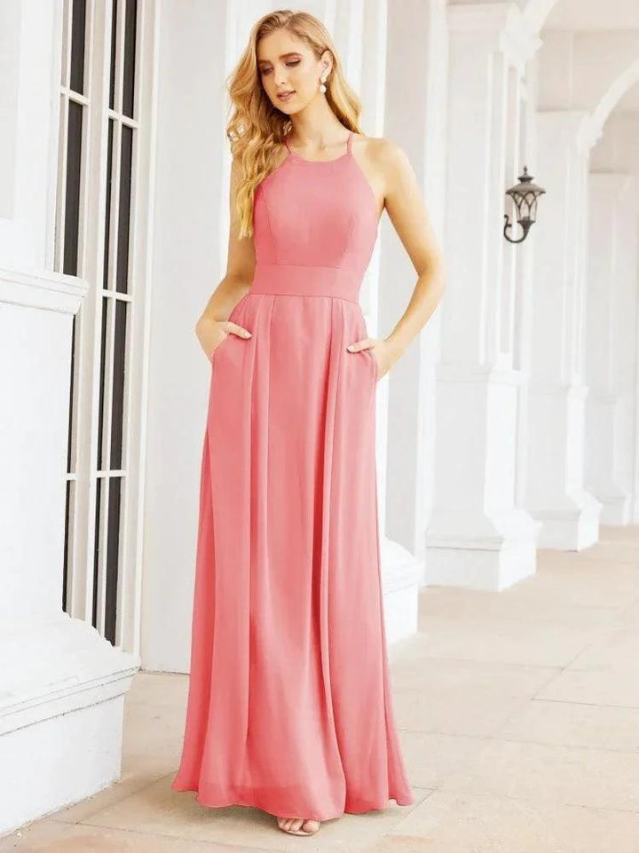 Numbersea Halter Bridesmaid Dresses with Pockets Sleeveless Formal Evening Party Prom Gowns 28055 by numbersea