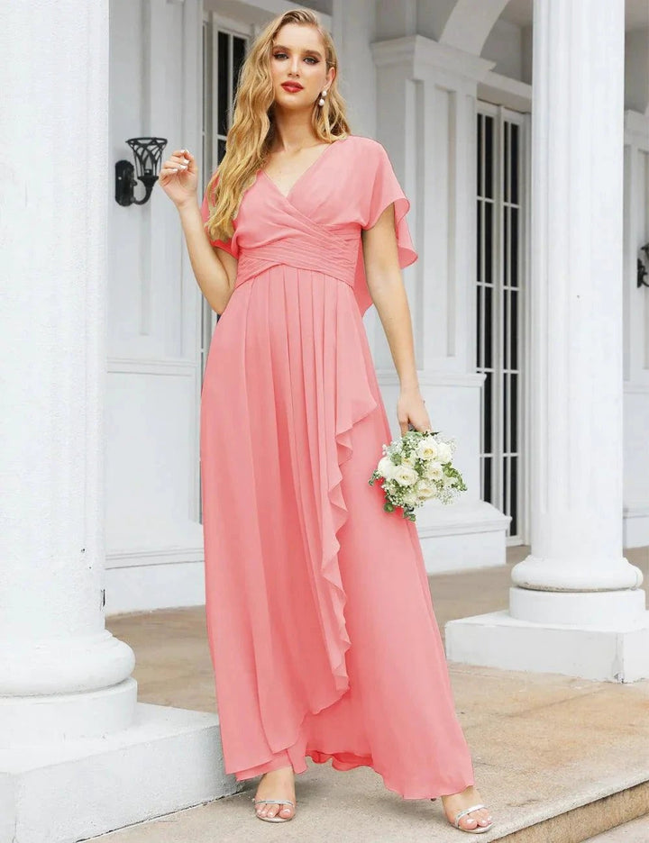 Numbersea Chiffon Bridesmaid Dresses Long Formal Evening Prom Mother of The Bride Dress with Flutter Sleeve SEA28040 by numbersea