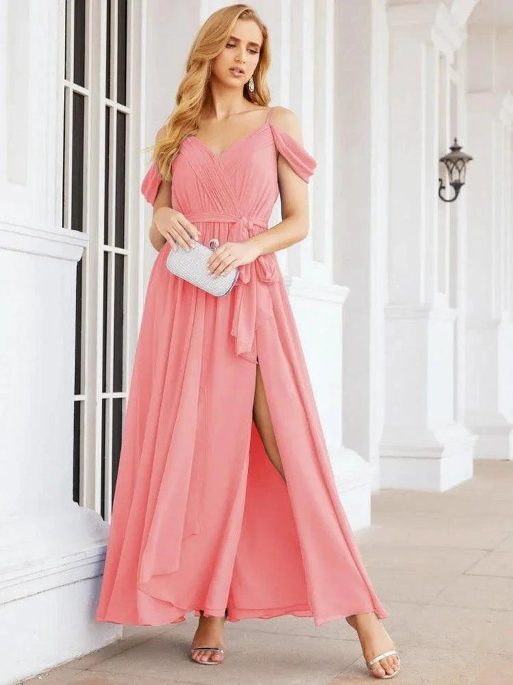 Numbersea Off The Shoulder Chiffon Bridesmaid Dress Long Formal Graduation Gown with Cowl Back 28069 by numbersea