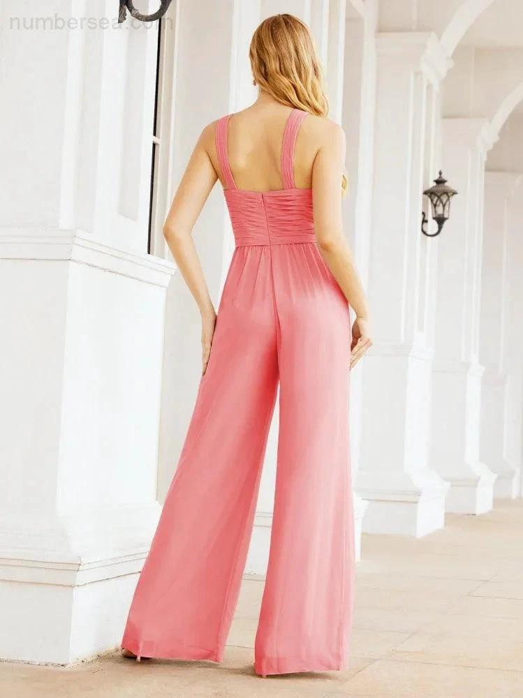 Numbersea Crisscross Neck Jumpsuit Formal Evening Dress Long Bridesmaid Dresses Bell-bottomed Pants 28033 by numbersea