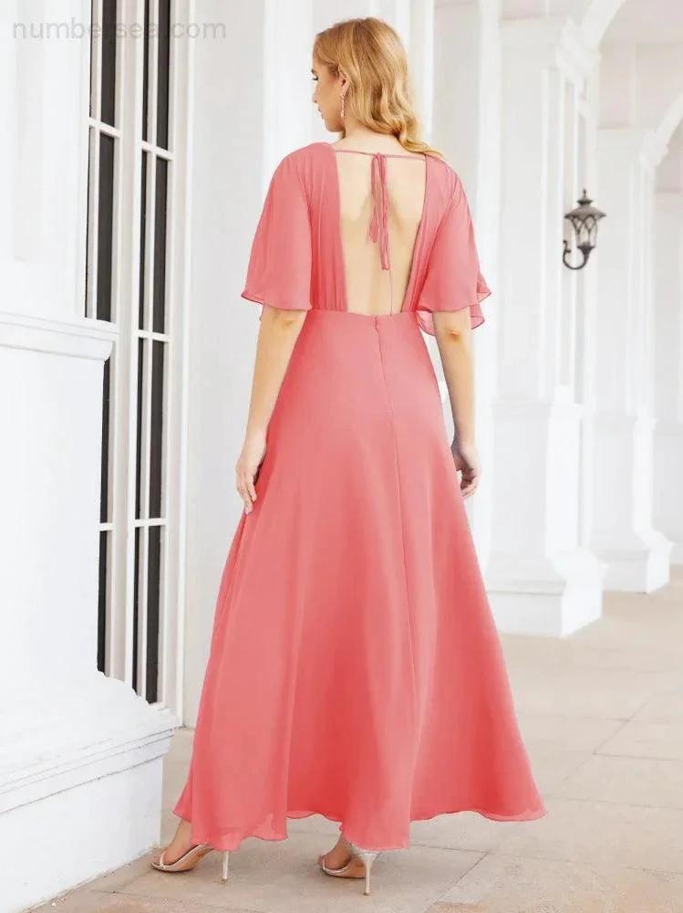 Numbersea V-Neck Bridesmaid Dress Chiffon Long Open Back Formal Dresses for Women Party Evening 28067 by numbersea