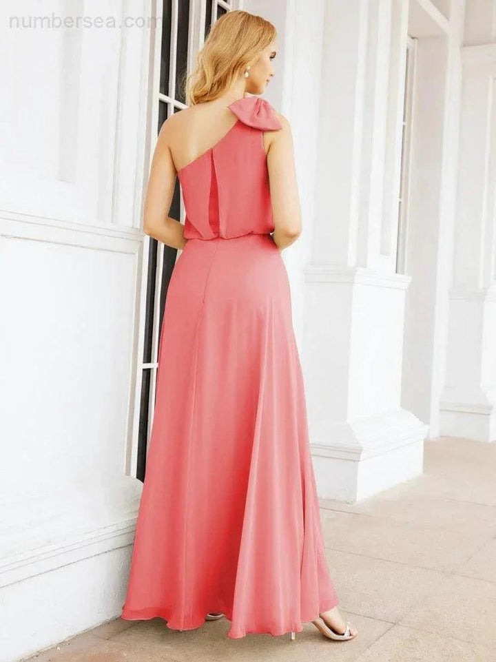 Numbersea Chiffon Ruffled One Shoulder Sleeveless Long Bride Dresses A-line Formal Evening Gown Side Split 28057 by numbersea