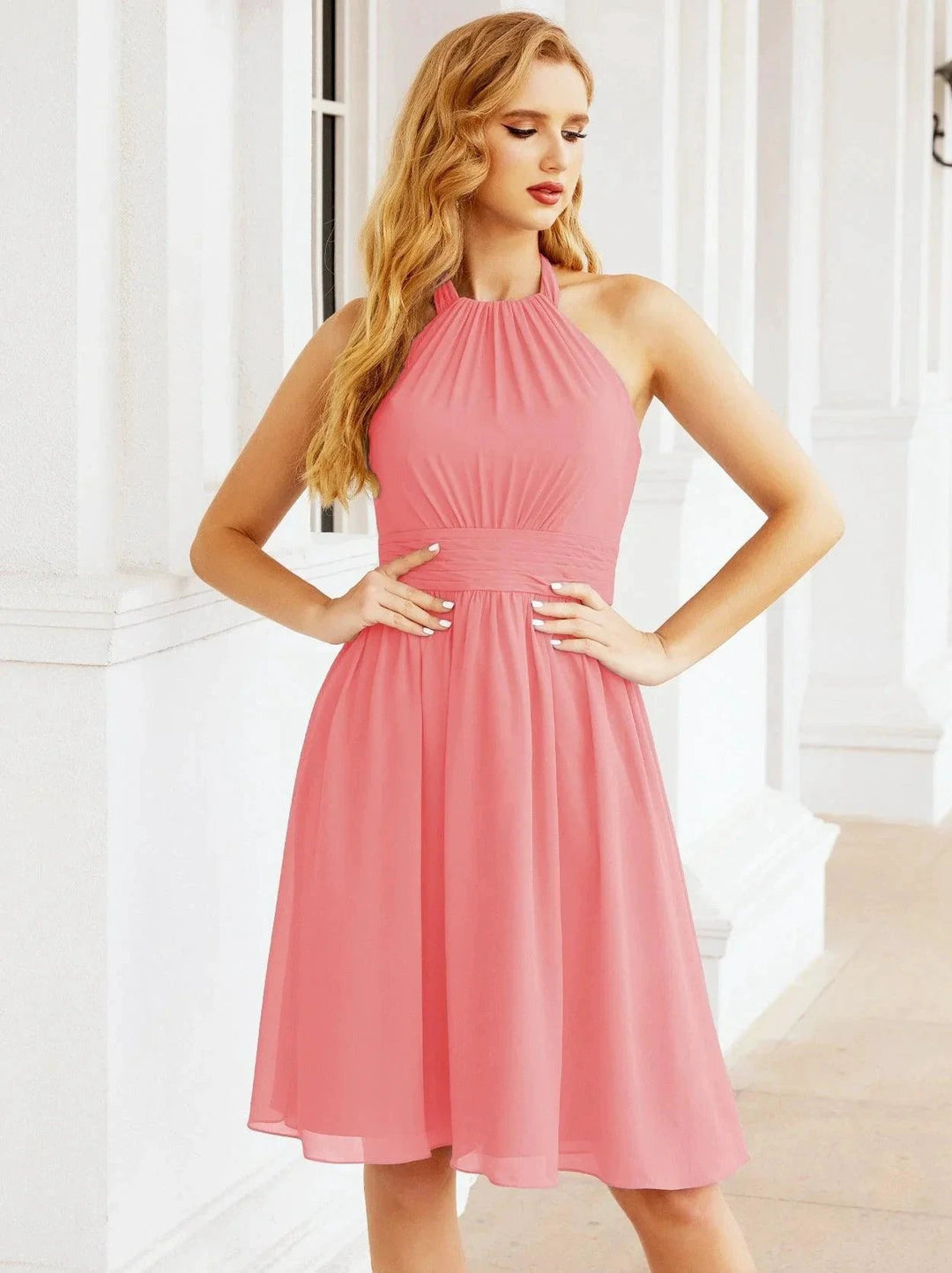 Numbersea Halter Chiffon Bridesmaid Dresses Short Sleeveless Formal Party Dress Open Back 28023 by numbersea