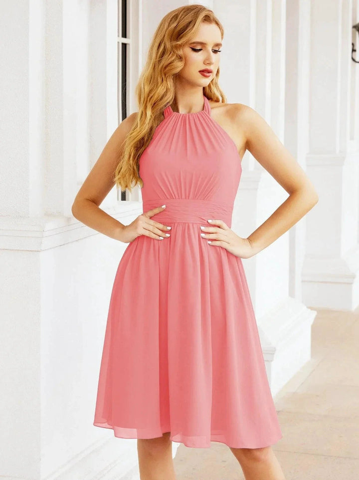 Numbersea Halter Chiffon Bridesmaid Dresses Short Sleeveless Formal Party Dress Open Back 28023 by numbersea