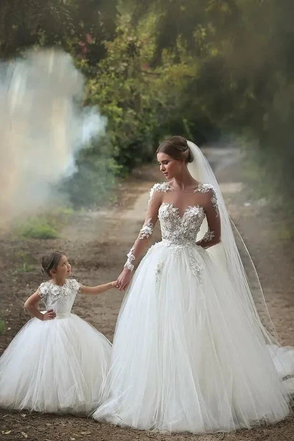 Elegant Long Tulle Lace Floor Length Wedding Dresses with Sleeves by BIZTUNNEL