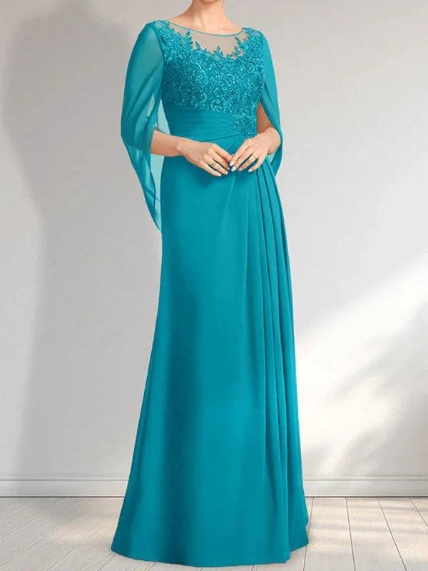 A-line Scoop Illusion Floor-Length Lace Chiffon Mother of the Bride Dress With Pleated Sequins by Dreamylily