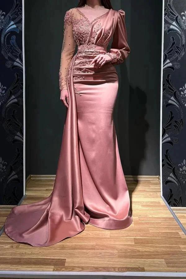 Long Sleeve Meimaid Satin Floor Length Prom Dress with Beads by BIZTUNNEL