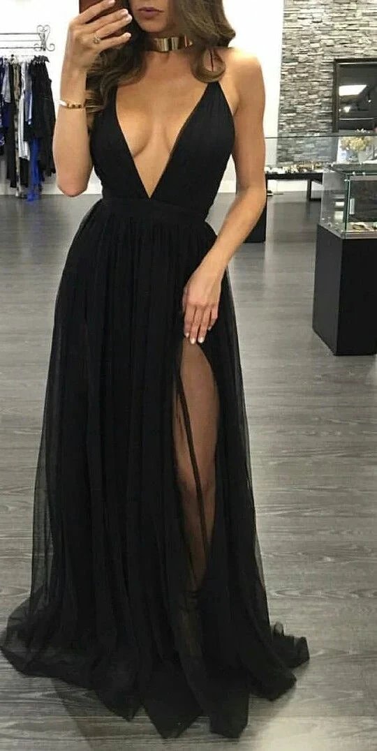 Black Prom Dresses,Chiffon Prom Dress,A line Prom Dresses,Evening Gowns,Party Dress,Slit Prom Gown For Teens Y1248 by simplepromdress