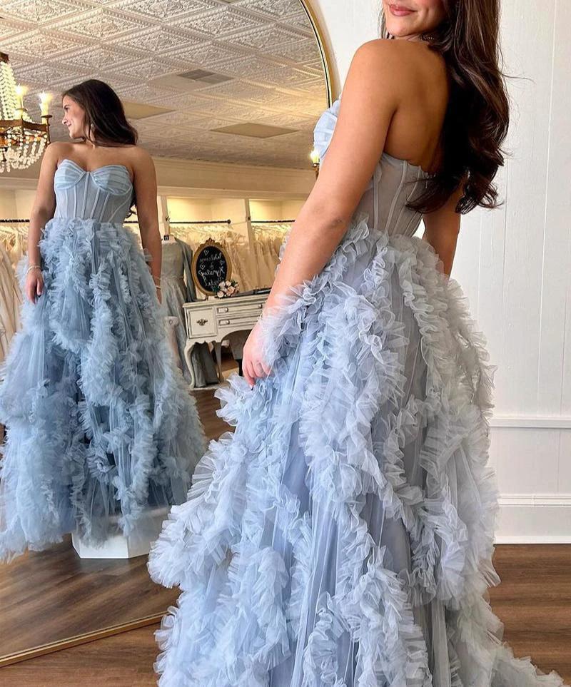Blue Strapless Ruffle Tulle A-Line Long Prom Dresses with Slit by Kissprom