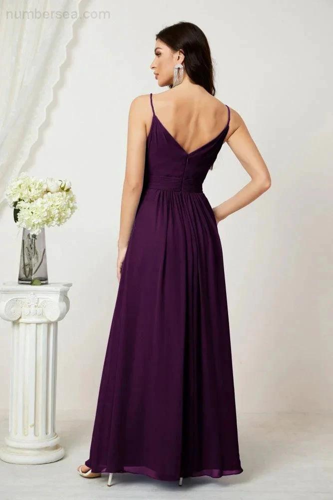 Numbersea Chiffon V-Neck Bridesmaid Dress Spaghetti Strap Long Formal Party Prom Gowns with Slit 28010 by numbersea
