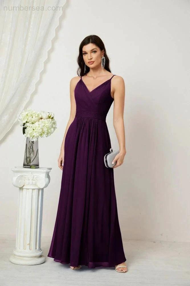 Numbersea Chiffon V-Neck Bridesmaid Dress Spaghetti Strap Long Formal Party Prom Gowns with Slit 28010 by numbersea