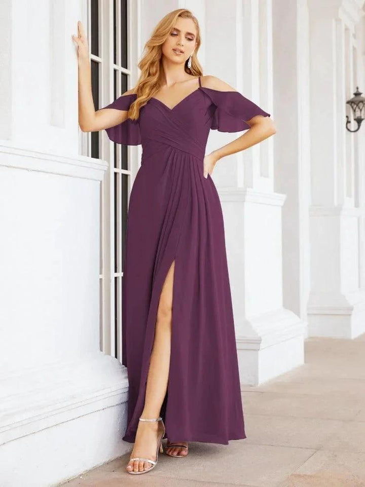 Numbersea Cold Shoulder Long Bridesmaid Dresses Side Slit Formal Prom Gowns Party Wedding 28070 by numbersea