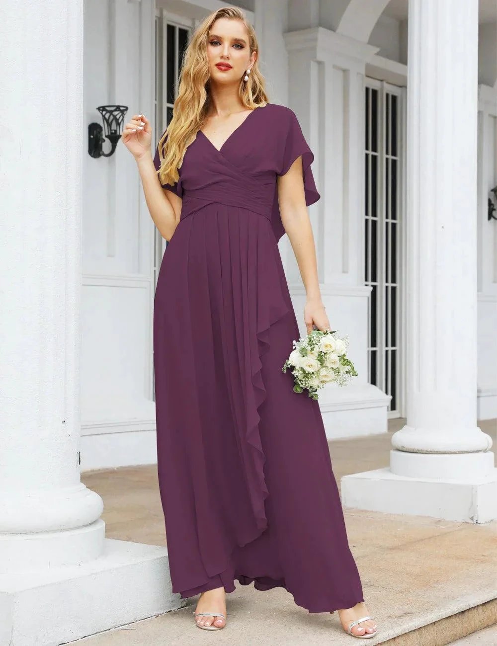 Numbersea Chiffon Bridesmaid Dresses Long Formal Evening Prom Mother of The Bride Dress with Flutter Sleeve SEA28040 by numbersea