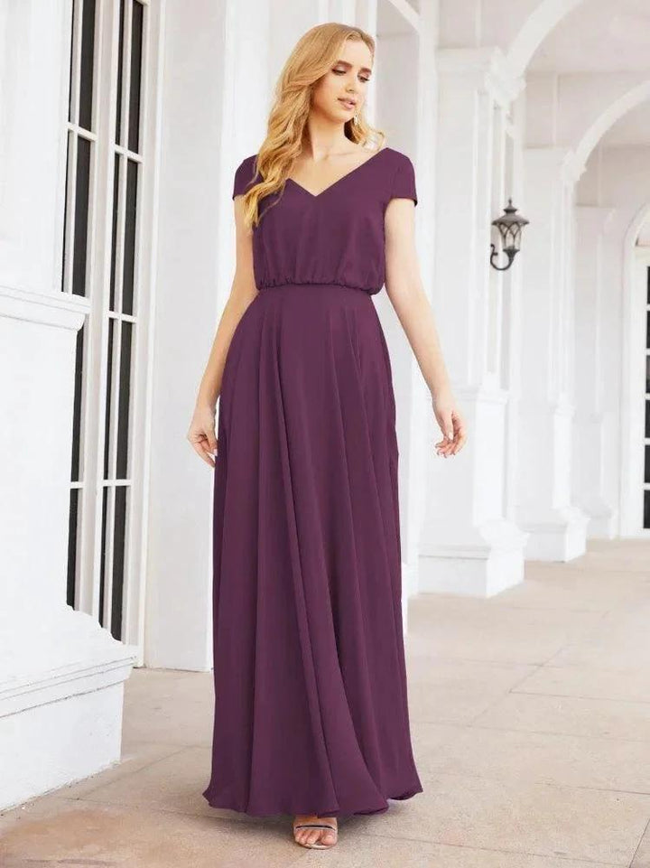 Numbersea V-Neck Bridesmaid Dresses Long Cap Sleeves Prom Evening Formal Gowns 28071 by numbersea