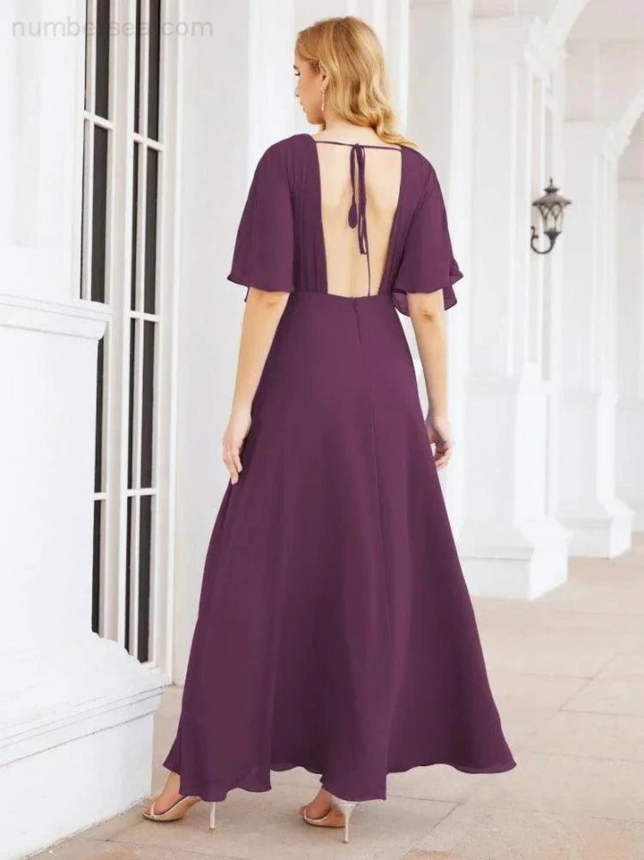 Numbersea V-Neck Bridesmaid Dress Chiffon Long Open Back Formal Dresses for Women Party Evening 28067 by numbersea