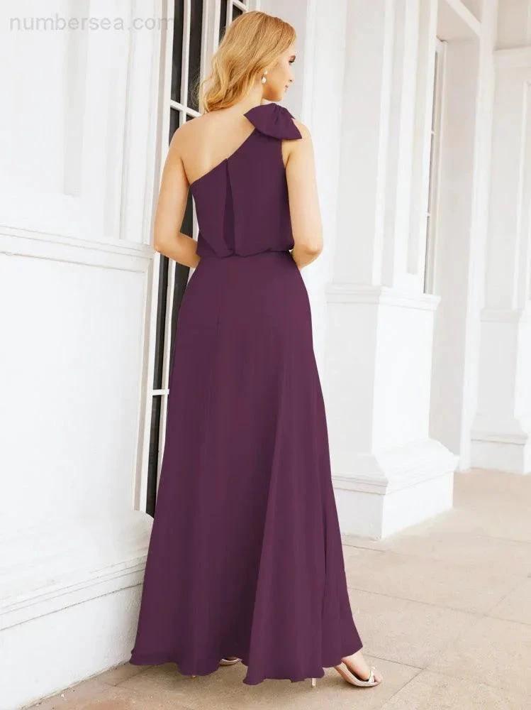 Numbersea Chiffon Ruffled One Shoulder Sleeveless Long Bride Dresses A-line Formal Evening Gown Side Split 28057 by numbersea