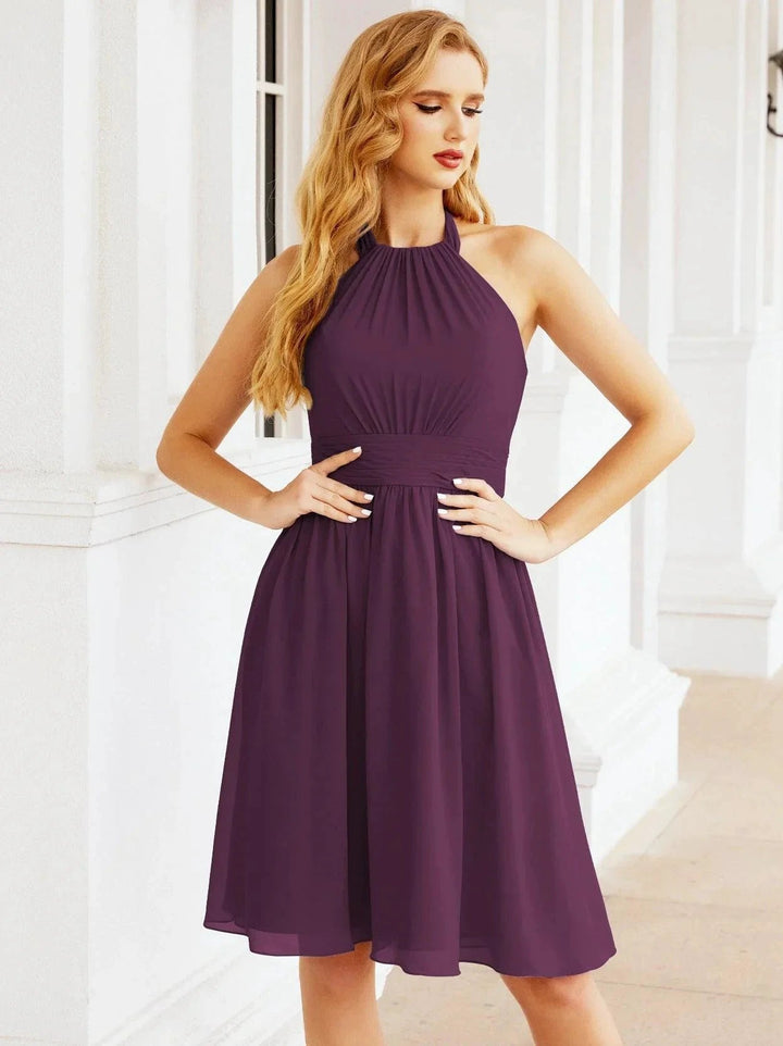 Numbersea Halter Chiffon Bridesmaid Dresses Short Sleeveless Formal Party Dress Open Back 28023 by numbersea