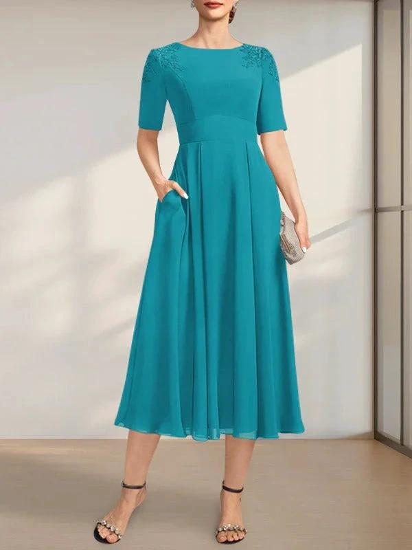 A-line Scoop Tea-Length Chiffon Mother of the Bride Dress With Appliques Lace Sequins by Dreamylily