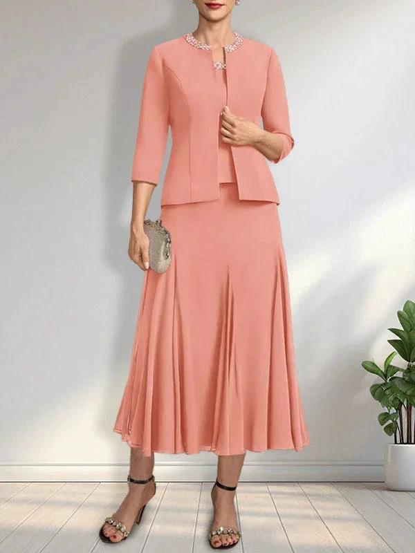 Separates A-line Scoop Tea-Length Chiffon Mother of the Bride Dress With Sequins Beading by Dreamylily