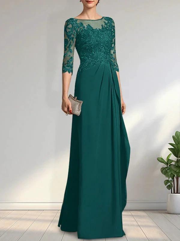A-line Scoop Illusion Floor-Length Chiffon Lace Mother of the Bride Dress With Beading Sequins Cascading Ruffles by Dreamylily