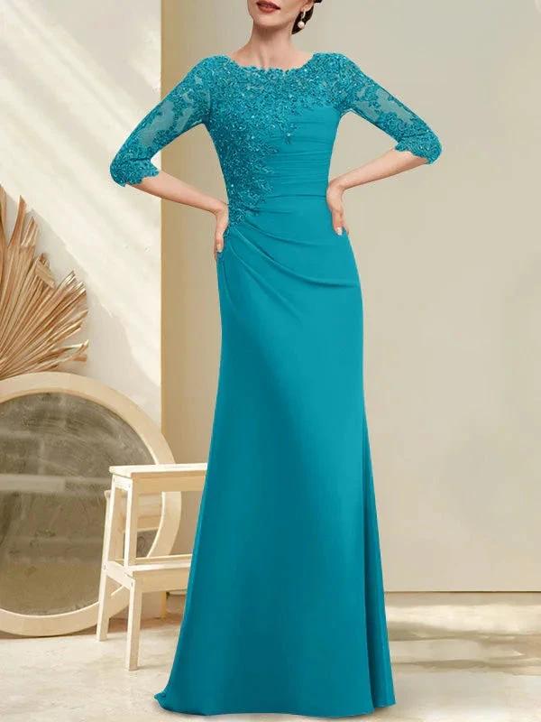 A-line Scoop Floor-Length Chiffon Lace Mother of the Bride Dress With Beading Pleated Sequins by Dreamylily
