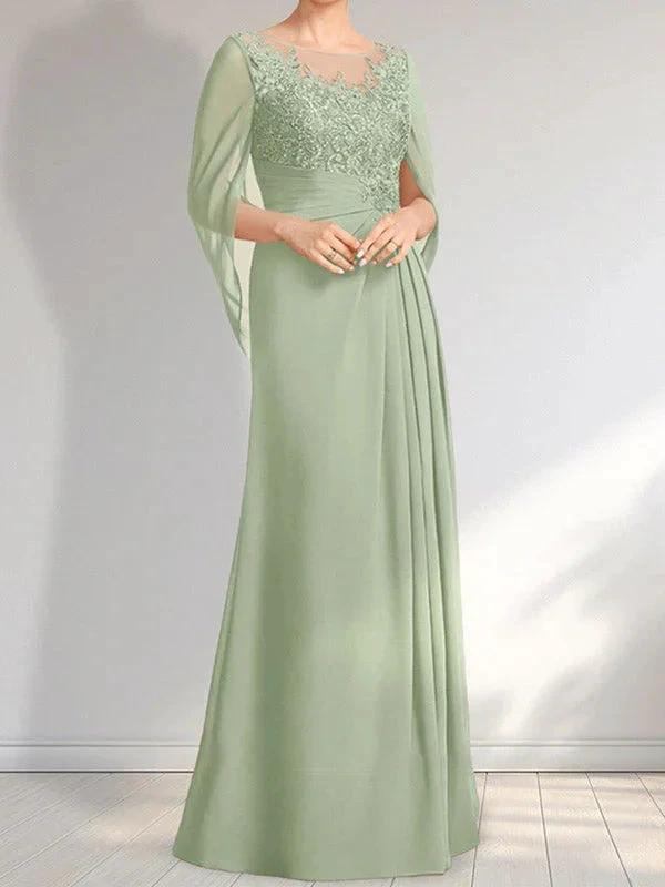 A-line Scoop Illusion Floor-Length Lace Chiffon Mother of the Bride Dress With Pleated Sequins by Dreamylily