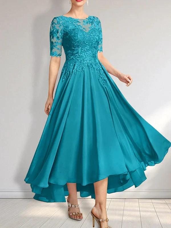 A-line Scoop Illusion Asymmetrical Chiffon Lace Mother of the Bride Dress With Sequins by Dreamylily