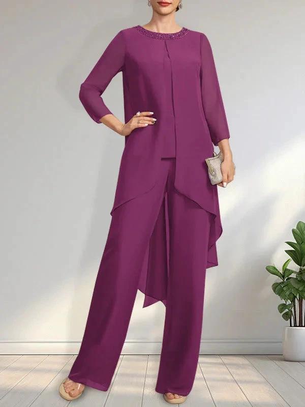 Separates Jumpsuit/Pantsuit Scoop Floor-Length Chiffon Mother of the Bride Dress With Sequins Beading by Dreamylily