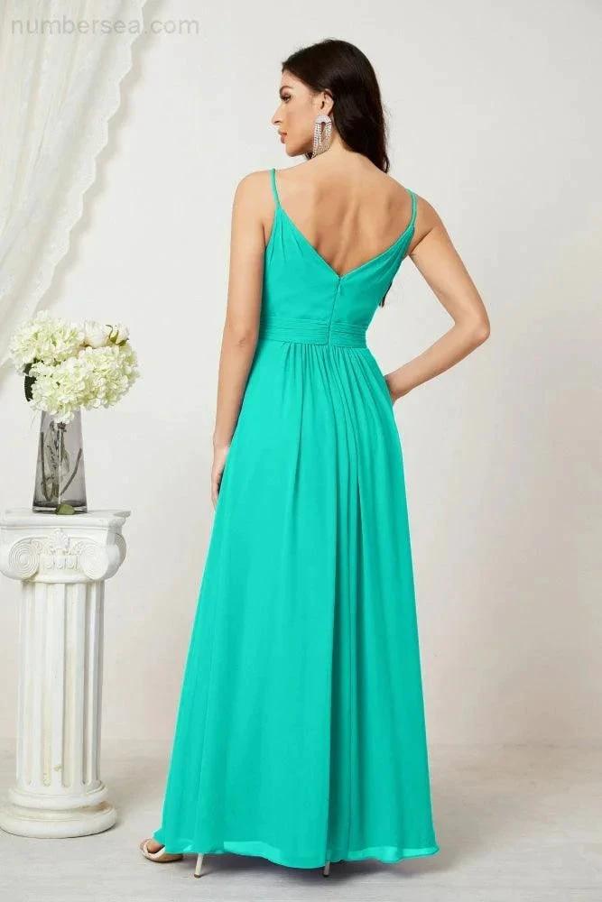 Numbersea Chiffon V-Neck Bridesmaid Dress Spaghetti Strap Long Formal Party Prom Gowns with Slit 28010 by numbersea