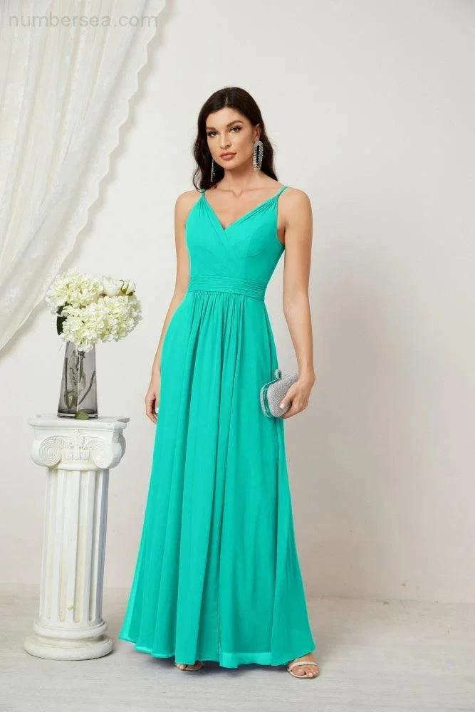 Numbersea Chiffon V-Neck Bridesmaid Dress Spaghetti Strap Long Formal Party Prom Gowns with Slit 28010 by numbersea