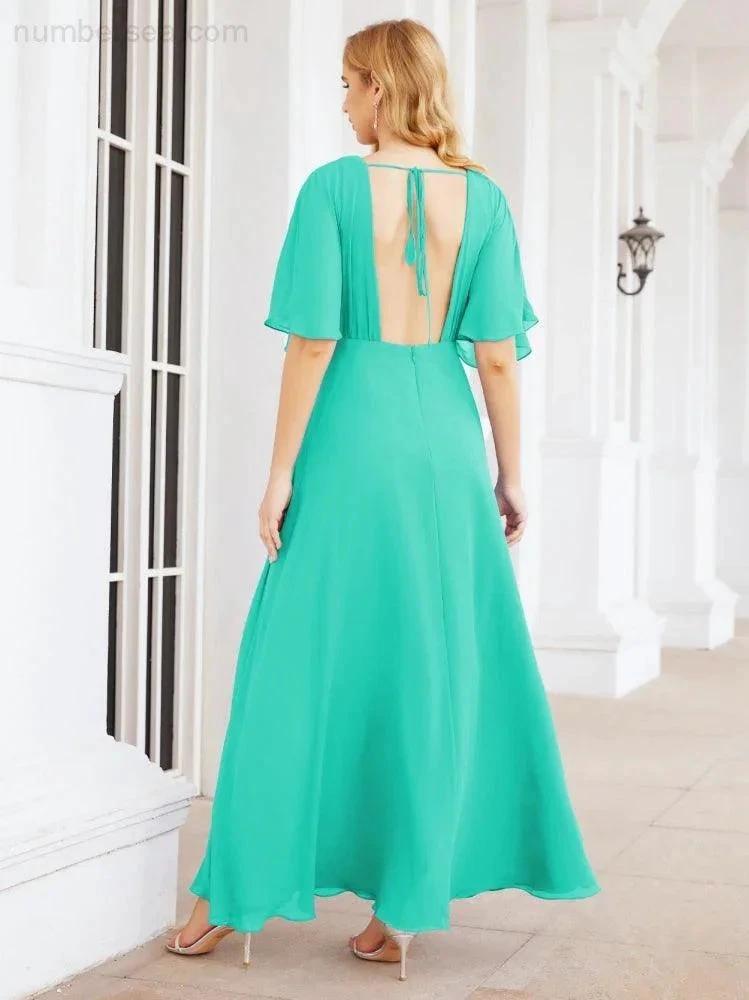 Numbersea V-Neck Bridesmaid Dress Chiffon Long Open Back Formal Dresses for Women Party Evening 28067 by numbersea