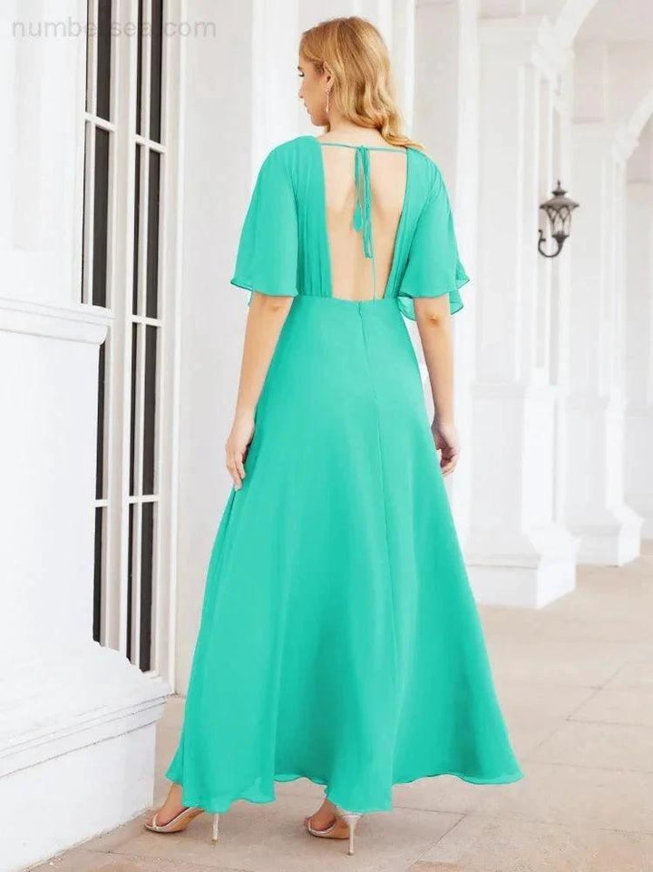 Numbersea V-Neck Bridesmaid Dress Chiffon Long Open Back Formal Dresses for Women Party Evening 28067 by numbersea