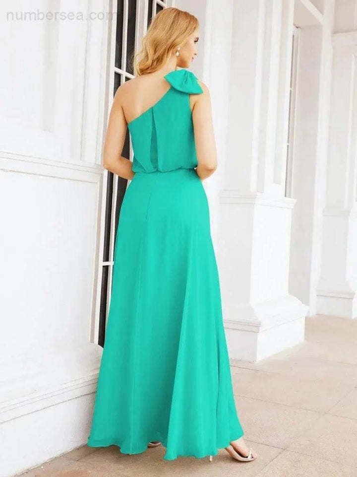Numbersea Chiffon Ruffled One Shoulder Sleeveless Long Bride Dresses A-line Formal Evening Gown Side Split 28057 by numbersea