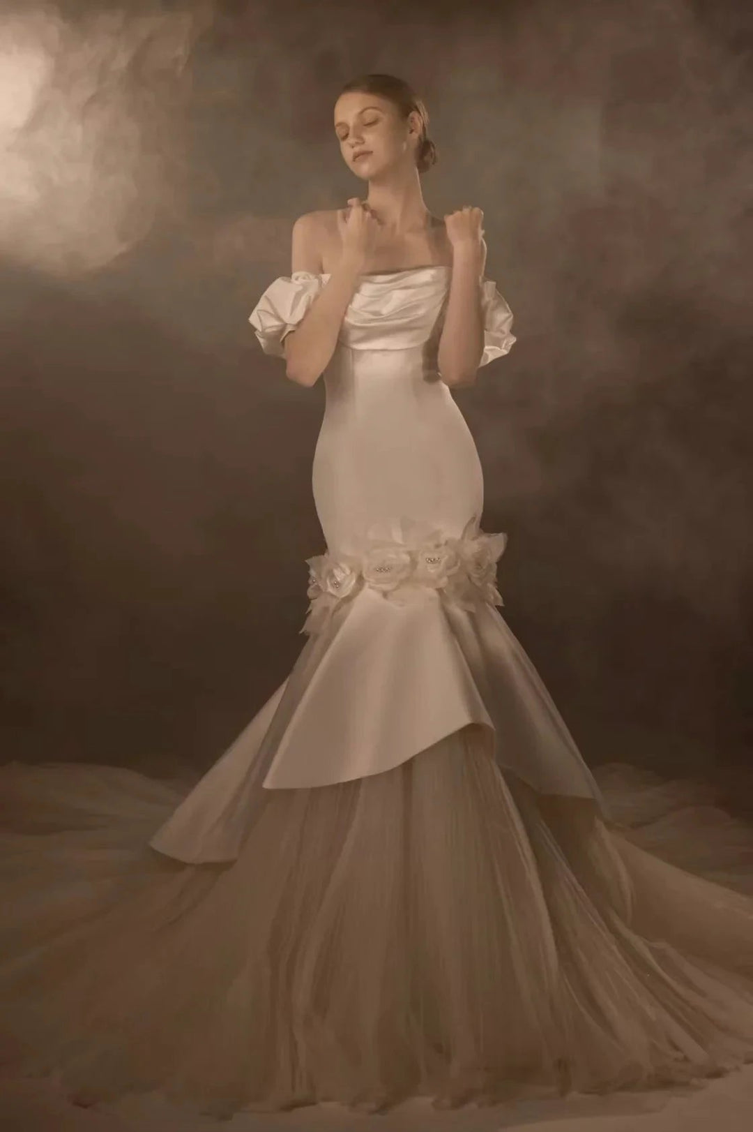 Gorgeous Long Mermaid Off-the-Shoulder Puff Sleeve Satin Wedding Dress with 3D Flower &amp; Lace-Up Back &amp; Tulle Train Q6012 by ZAPDRESS