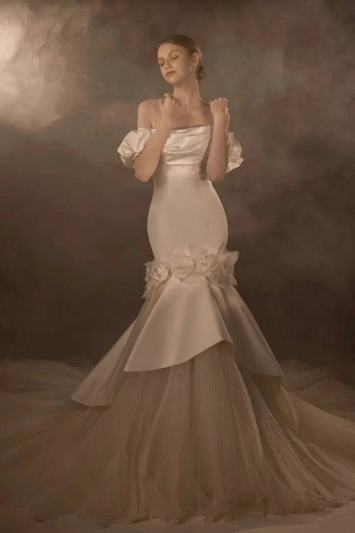 Gorgeous Long Mermaid Off-the-Shoulder Puff Sleeve Satin Wedding Dress with 3D Flower &amp; Lace-Up Back &amp; Tulle Train Q6012 by ZAPDRESS