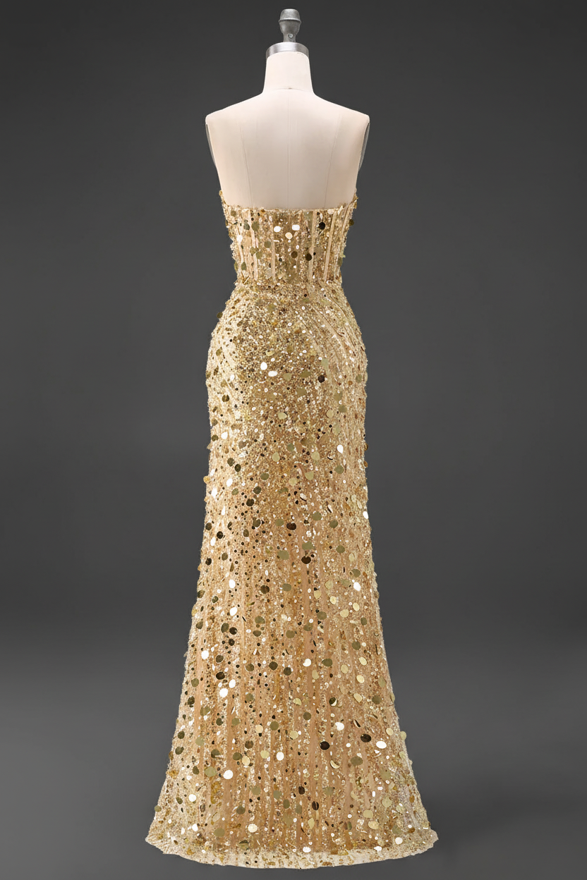 Sparkly Gold Mermaid Sequins Sweetheart Long Corset Prom Dress with Slit